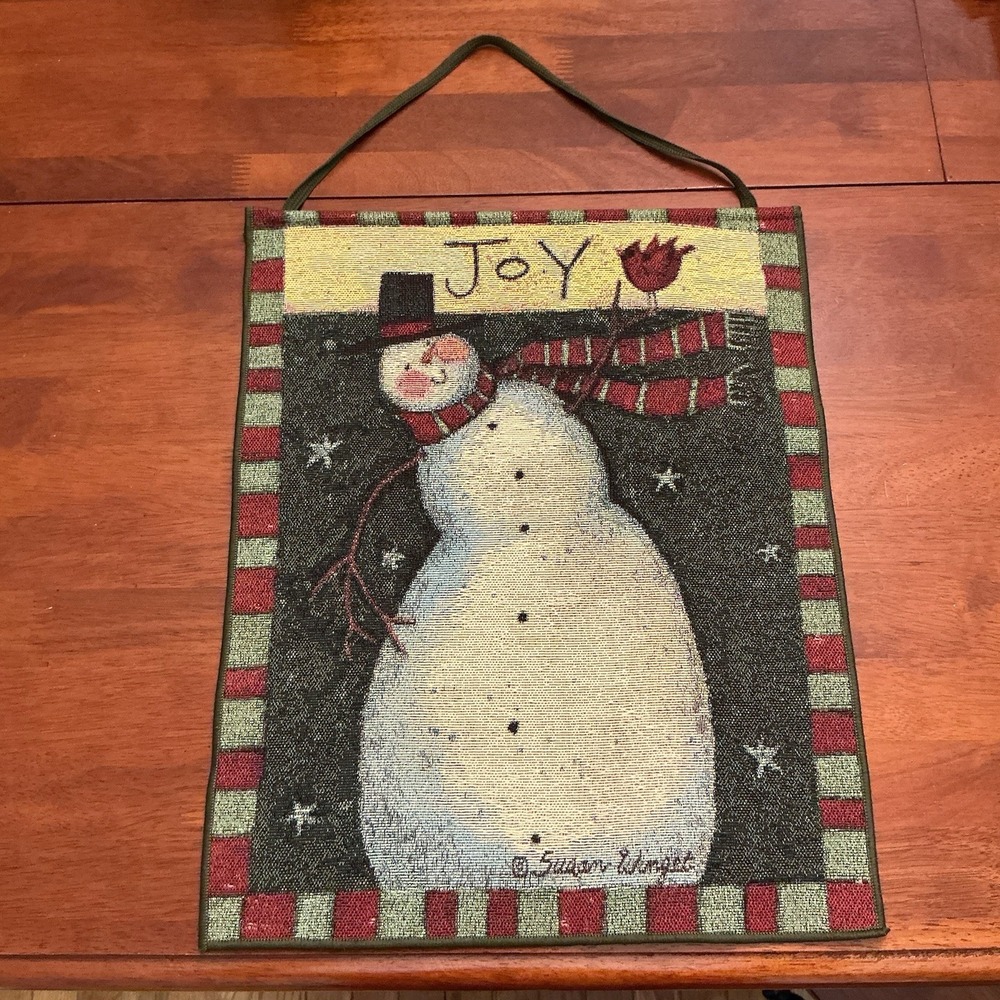 Primitive Snowman Joy Holiday Tapestry Wall Hanging Susan Winget 16.5 X 13 Xmas